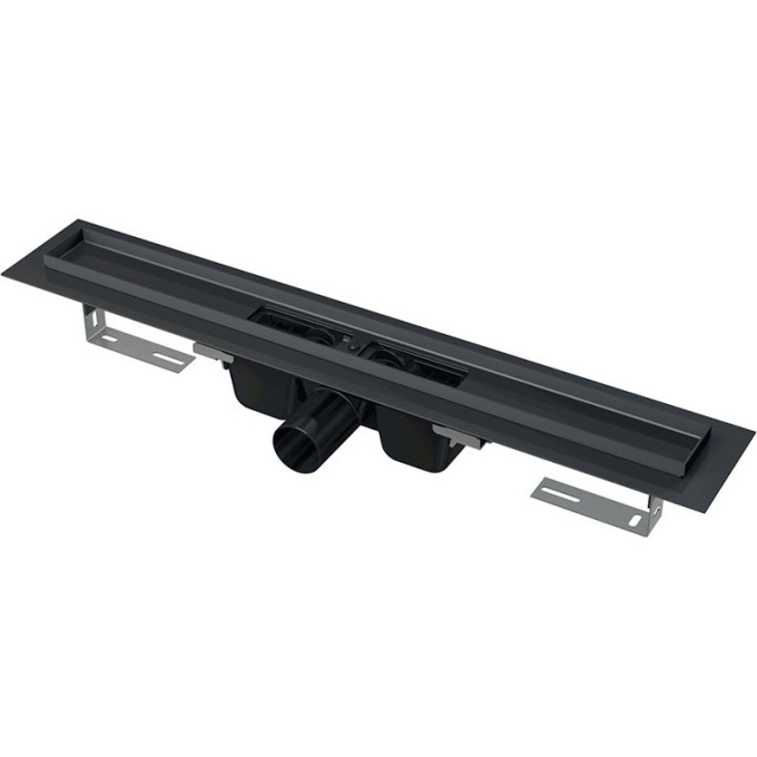 Водоотводящий желоб ALCAPLAST APZ1BLACK-650 с порогами для перфорированной решетки, черный матовый, горизонтальный сток